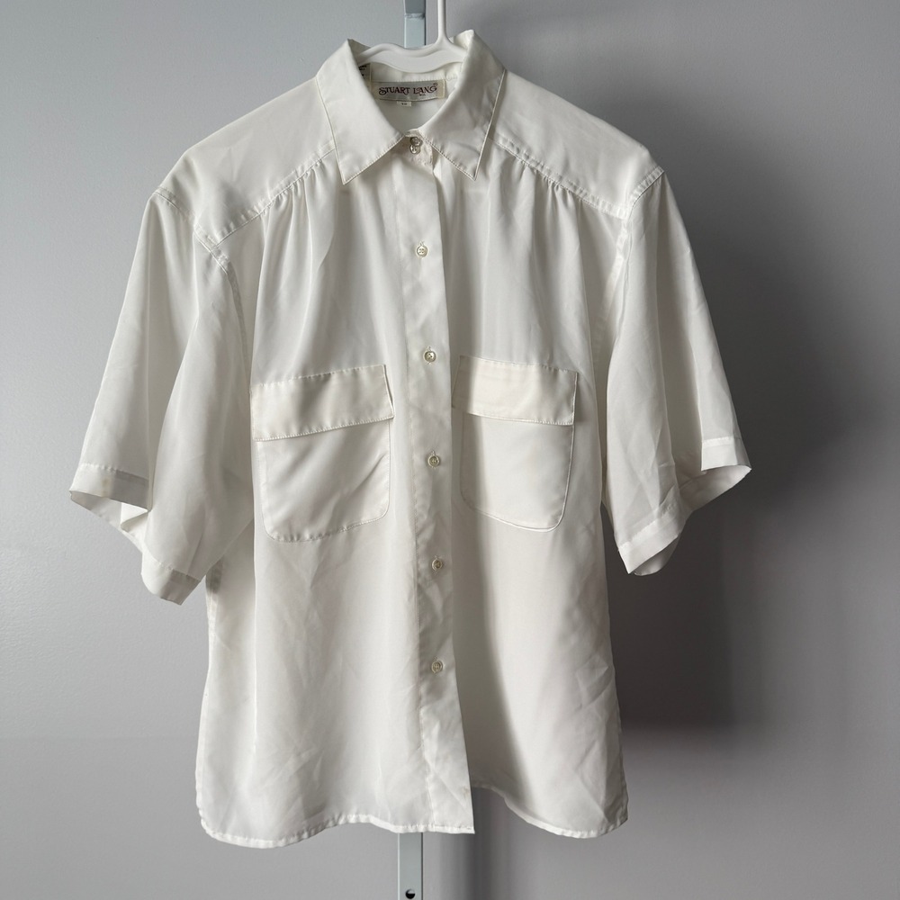 Stuart Lang 12 White Blouse Pocket Vintage Top Preppy Classic Minimalist
